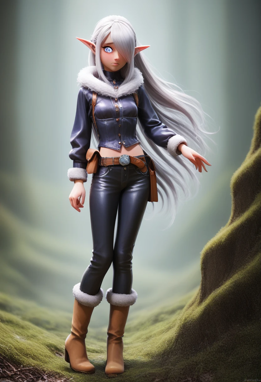 ((Best Quality)), (Masterpiece)), (Details: 1.4), Absurd Resolution, High Resolution, (Masterpiece: 1.4), Ultra Detailed, detailed gnome girl with pale skin, short stature, very long silver hair that curls at the ends, covering one eye, with small breasts, pouty lips, and bright blue anime-style eyes with long lashes, wearing a corset, white puffy long sleeved shirt, and puffy cloth pants, leather bound boots, set in a windy fantasy landscape, (best quality,4k,8k,highres,masterpiece:1.2),ultra-detailed, dungeons and dragons, long elf ears, small girl, detailed skin and cloth textures, cute detailed face, intricate details, extremely detailed, 1girl, dynamic pose with hair covering one eye, shy personality, puffy cloth pants with leather belt, detailed privateer outfit, detailed buccaneer outfit, pouch on belt, wearing ornate leather armor with fur trim, silver inlay detail, wearing fur trimmed boots, wearing fur trimmed gloves, short, short height, halfing girl, small girl,