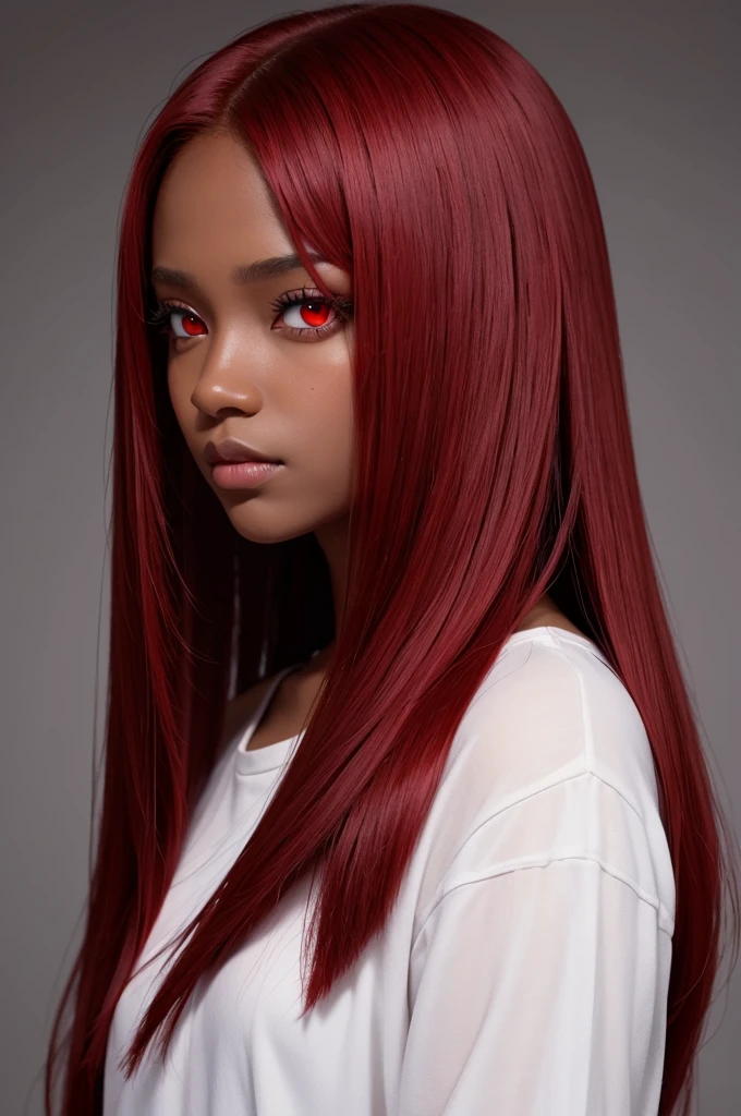 Creates a dark-skinned character with red straight hair, and red eyes 