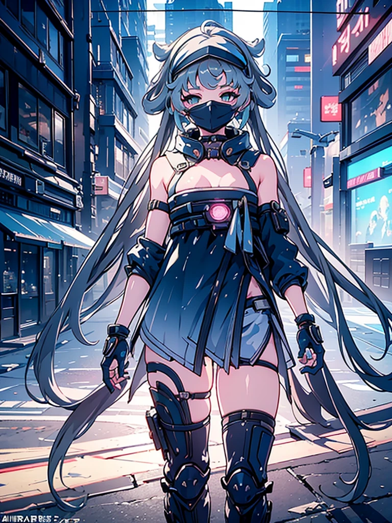 a beautiful detailed anime girl, sexy urban futuristic outfit, subzero mortal kombat mask covering mouth, submachine gun on back, masterpiece, 8k, ultra-detailed, photorealistic, intricate details, dramatic lighting, vibrant colors, cinematic composition, cyberpunk, science fiction, concept art style