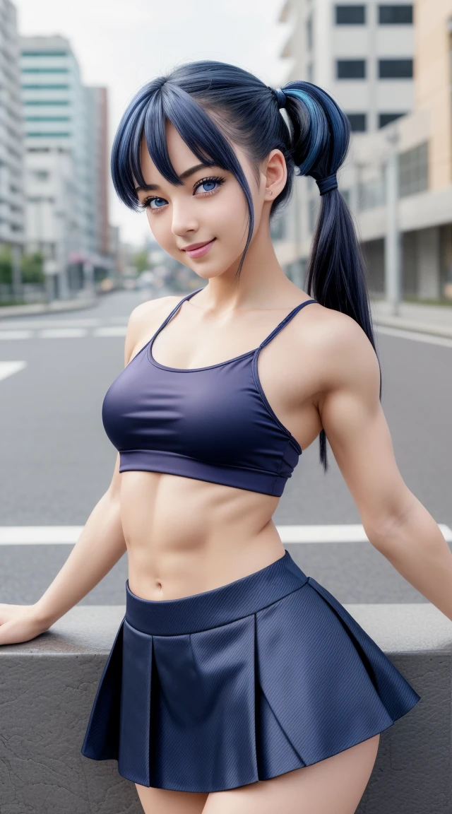(masterpiece:1.3), (Best Quality:1.3), (Ultra-detailed:1.2), ((kawaii)), Cute, (lovely), ((sexy)), ((Extremely detailed)), 4K, (8K), Best Quality, (Beautiful), Illustration, anime style, (bold line:1.2), Gradation, looking at viewer, //, (bent down:1.1), (arms behind back), //, a cute girl, 1girl, (solo:1.2), gleaming skin, //, (flat chested), (Perfect eyes:1.2), (Perfect iris:1.2), //, darkblue hair color, (beautiful eyes) //, (half closed eyes:1.3), (sexual expression:1.2), Fascinated expression, smile, (blush:1.2), //, modern city background, on rock, twin tails, muscle girl, hard abs, exposed abs, skirt