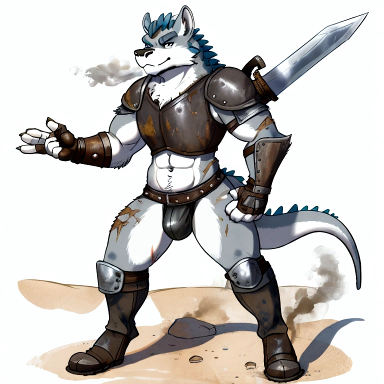 Solo Sexy anthro scalie dragon male mercenary medieval solider, slim endomorph muscular handsone model male apperance, sword scars, worn out rusty skimpy armament, low on hips heavy leather belt, old very worn out skimpy dirty linen material jockstrap, old yellow dirty worn out stains on white jockstrap, studded skimpy armlets breastplate armor, skimpy breastplate, leather bondages, fingerless leather gloves, smelly unwashed husk, dirty body look, desert battlefield, standing in sexy fighting position, close view of full character