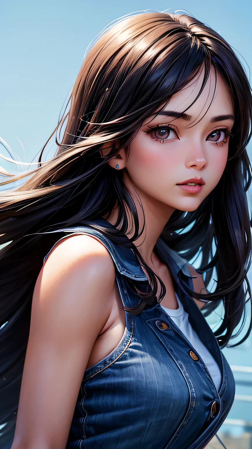 1girl, 25 years old, long hair, dark brown eyes, bokeh, photo \(medium\), solo, lips, sleeveless, realistic, nose, blue sky, blue background, asian, black hair, purple denim