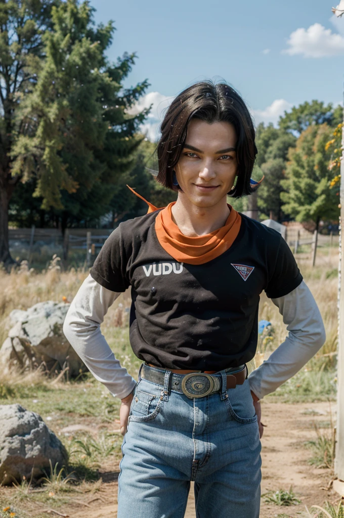 (8k, best quality, masterpiece:1.2),blue sky,rocky grassfields,1boy,android 17, (black shirt), orange bandana, jeans,brown belt,layered shirt,white sleeves,black hair, blue eyes, parted hair,red patch, short hair,upper body, evil smile, looking at viewer(((full vudy))).