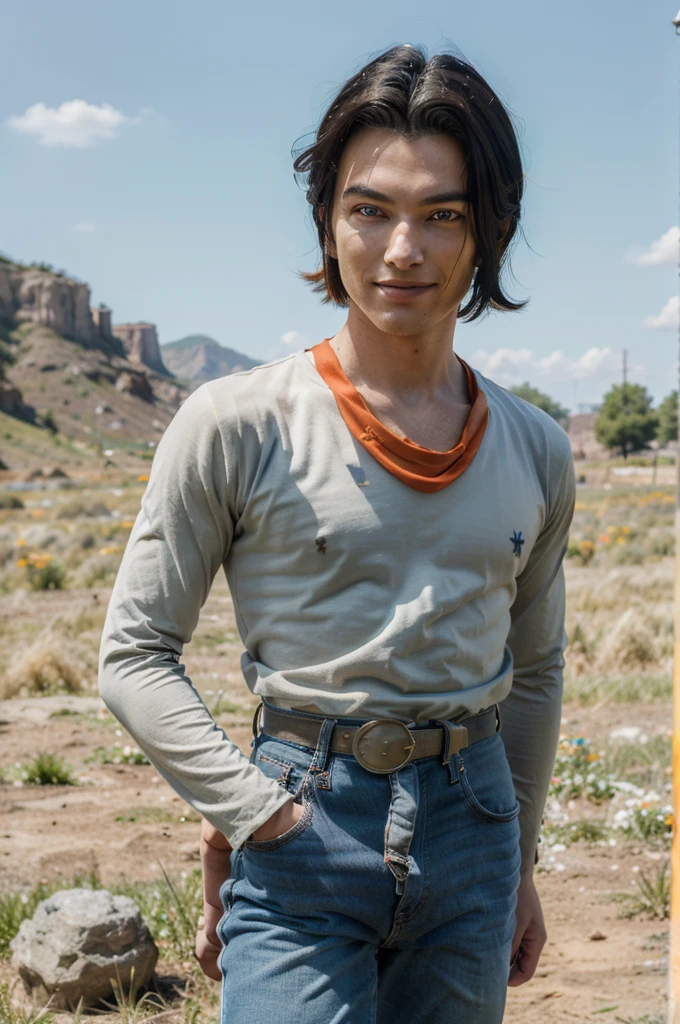 (8k, best quality, masterpiece:1.2),blue sky,rocky grassfields,1boy,android , (black shirt), orange bandana, jeans,brown belt,layered shirt,white sleeves,black hair, blue eyes, parted hair,red patch, short hair,upper body, evil smile, looking at viewer(((full vudy))).