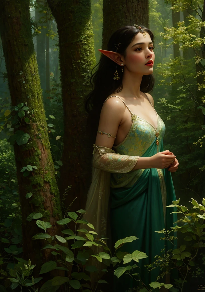 (masterpiece, best quality:1.2), (((oil paint))), 1girl, solo,  (masterpiece, ultra quality, high resolution, 8k, intricate: 1.2). female elf, looking at viewer, flowizng cloths and silver amor, the silent forested, mysterious, fantasy art, Donato Giancola, craig mullins, parth, masterful strokes legendary