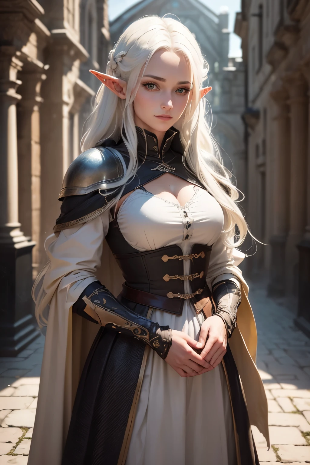 ((best quality)), ((masterpiece)), (detailed), Prize-winning works, with incredible details, maximum textures and details, uhd ,8K,super resolution ,depth of field, retina, masterpiece, anatomically correct, textured skin, super detail, high details, highres ,1 Medieval Fantasy RPG Female Elf Adventurer,hair in the wind,very long light white wavy braid hair ,((yellow white hair,)),shy smile,similar to the work of JRR Tolkien,black long cape ,lightweight armour,fully body, hyper-detailed piercing eyes , (25 year old young man :1.1,detailedeyes, face detailed, whole body:1.1,the background is a magnificent castle ),(best qualityer:1.2,ultra detali:1.1,realisitic:1.37) ,eyeshadows,sharp focus,swirly vibrant colors,)
