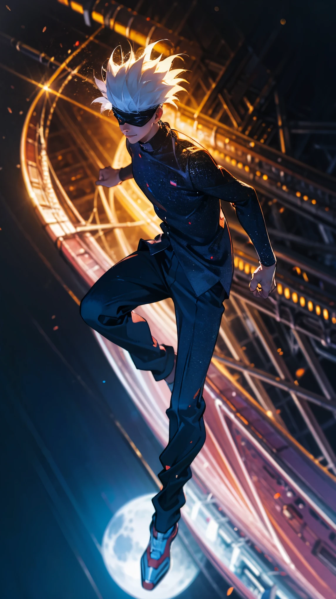 1boy, full body shot, perfect hand and fingers, satoru gojo, blindfold, black outfit, white hair, look at sky, smirk, red and blue moon city night background, wallpaper, cinematic,High resolution 8K, Bright light illumination, lens flare, sharpness, masterpiece, top-quality, The ultra -The high-definition, high resolution, extremely details CG, Anime style, Film Portrait Photography,masterpiece,hyperdetail,light attack, blue and red gives purple, infinity, throw light, energy attack,