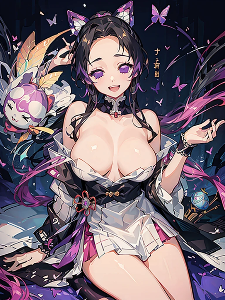 Full body photo shinobu kocho from demon slayer anime,  at a Japanese royal palace room, beautiful woman, smiling, close eyes, dimples, sedutice expression, sexy dress, purple aura, butterfly wings, open breast, cute 

