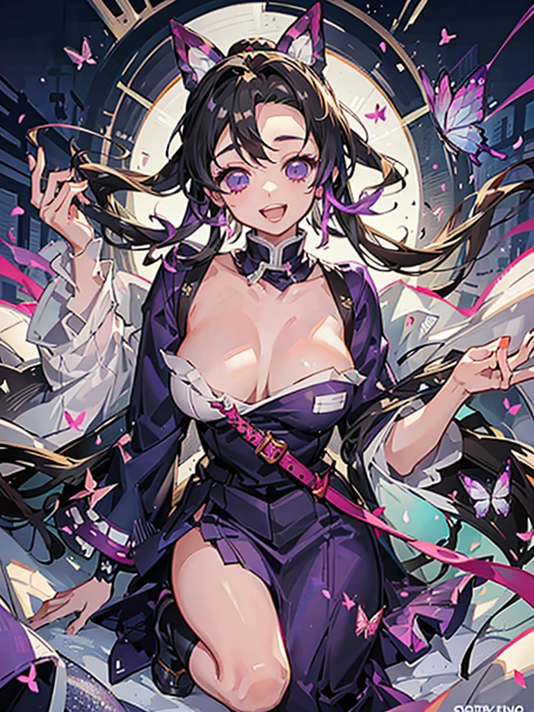 Full body photo shinobu kocho from demon slayer anime, at a Japanese royal palace room, beautiful woman, smiling, close eyes, dimples, sedutice expression, sexy dress, purple aura, butterfly wings, open breast, cute