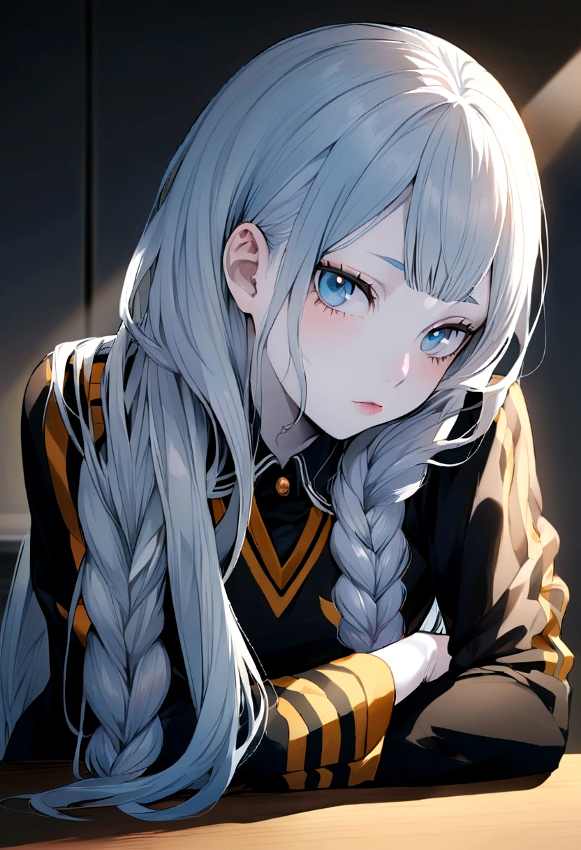 albino girl, long hair and two braided strands, light blue eyes, pale skin, image and uniform from the anime haikyuu, pose leaning on the desk  