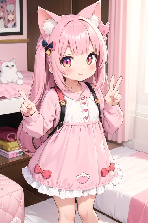 1 girl,cat girl,animal ears,Tailpussy,gazing at viewer,ssmile,peace sign,Pink Kawaii Room,heart item,cinta,standing,trunk,