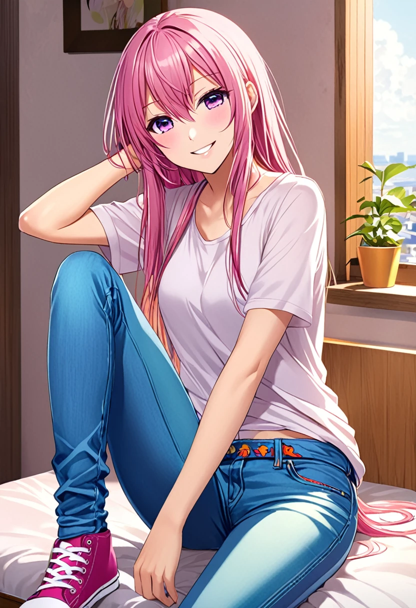 Megurine Luka casual clothes, colorful jeans, morning smile