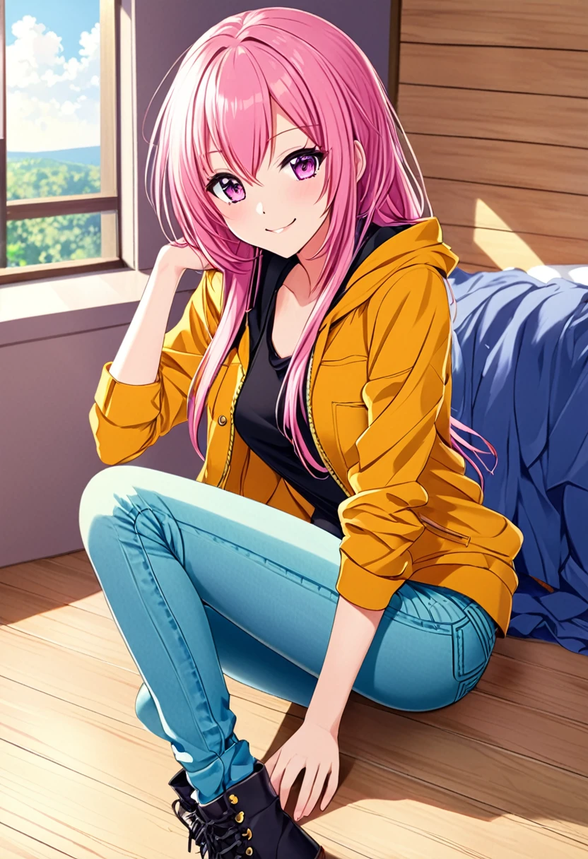 Megurine Luka casual clothes, colorful jeans, morning smile