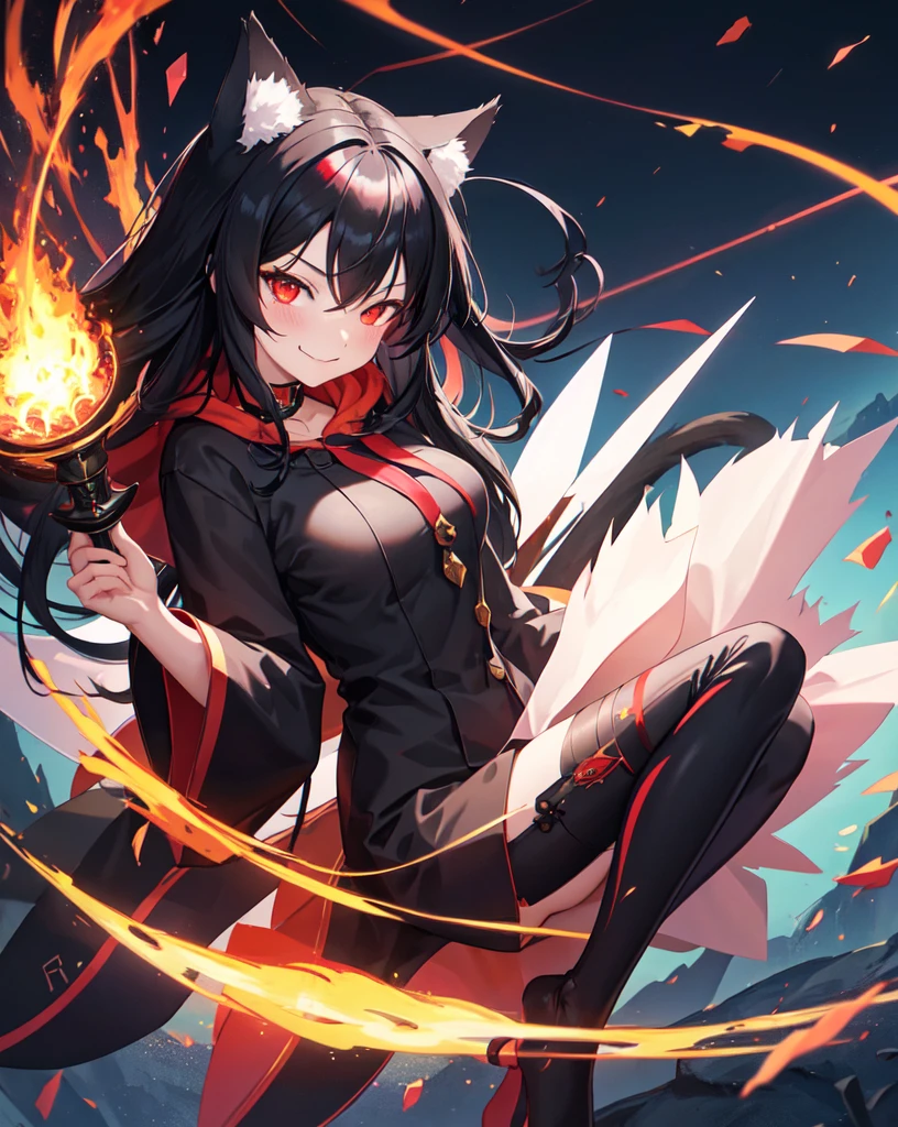 1girl, black hair, neko ears, red eyes, fire witch, fire from bare hands, loose clothes, bare shoulders, blood, light particles, light rays, wallpaper, high contrast, colorful, black cat tail, sexy witch pose, scenery, anime, smirk