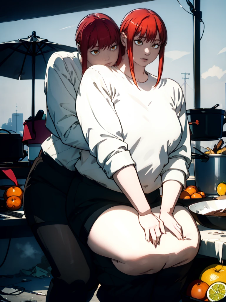 Le personnage Makima de la série animée Chainsaw Man, fragile, obésité morbide, ssbbw, pleine longueur (corps entier 1.1.), fond sombre, obscurité, anatomie correcte 1.1, anatomie correcte de la main, Très féminin, corps gras et rond, grosses Jambes, fesses, beau corps obèse, ventre rond et mou très gras, cheveux roux, Yeux oranges, Cercles rouges pour les écoliers, chemise blanche, jupe noire, cravate noire, pose sexy, réaliste, very détaillé, beau corps, détaillé body, détaillé hands, détaillé, vibrant, détaillé Face, Conception des personnages de Makima. very détaillé, détaillé body, détaillé hands, détaillé Face, Art animé, Hugh Détails, Visage très abattu, détaillé eyes, Illustration ultra fine, Meilleure ombre, détail fin, beautiful détaillé glow, beautiful détaillé, Extraordinairement beau, extremely détaillé, inexpressif, composition épique, Style animé. art animé, Style animé. Jupe noire, chemise blanche, cravatte, pose sexy