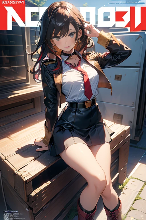 (masterpiece:1.2), (Military uniform magazine cover:1.4),best quality,PIXIV,Sweet girl , sexy posture,1girl, (perky chest:1.2), rolling upskirt by wind:1.6, (with sparkling eyes and a contagious smile),open mouth, (pointed chest:1.2),fishnets, black hair, boots, long hair, black nails, skirt, shirt, solo, black footwear, bag, black skirt, jewelry, jacket, on head, black jacket, thigh strap, bangs, necktie, earrings, nail polish, multicolored hair, looking at viewer, full body, bottle, own hands together, belt, jacket on shoulders, food, cats on head, black necktie, ring, choker, english text, collared shirt, blue eyes, platform boots, hat, lace-up boots ,