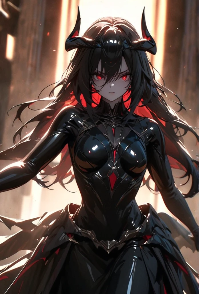 (solo), black hair, messy hair, mane hair, long hair, dense hair, wild hair, expressive hair, mature,(25 year old), pale skin, red eyes, ((woman)), wearing black armor, black dragon horns,, black helmet, serious, black wings, beautiful, attractive, eye reflection, depth of field, thunder aura,cinematic lighting, ray tracing, depth of field, cinematic lighting, ray tracing, UHD, high details, best quality, highres, high quality, award winning, super detail, masterpiece, 8k, UHD, high details, best quality, highres, high quality, award winning, super detail, masterpiece, 8k, digital art, anime coloring, full body, body shot, good face, perfect face, detailed face, good eyes, sitting on a throne