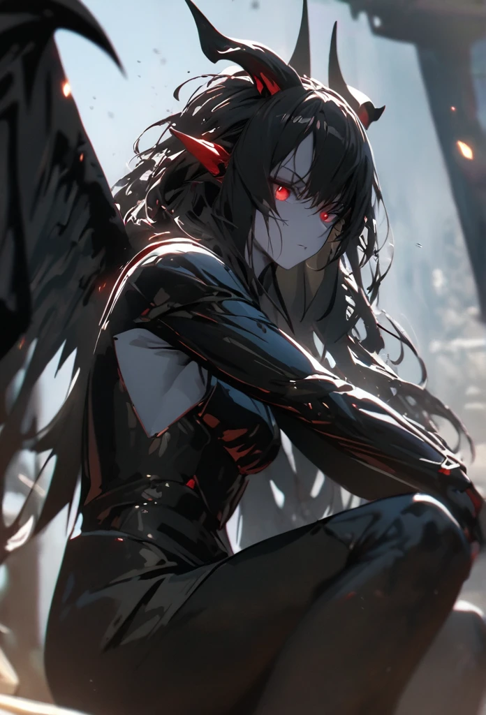 (solo), black hair, messy hair, mane hair, long hair, dense hair, wild hair, expressive hair, mature,(25 year old), pale skin, red eyes, ((woman)), wearing black armor, black dragon horns,, black helmet, serious, black wings, beautiful, attractive, eye reflection, depth of field, thunder aura,cinematic lighting, ray tracing, depth of field, cinematic lighting, ray tracing, UHD, high details, best quality, highres, high quality, award winning, super detail, masterpiece, 8k, UHD, high details, best quality, highres, high quality, award winning, super detail, masterpiece, 8k, digital art, anime coloring, full body, body shot, good face, perfect face, detailed face, good eyes, sitting on a throne