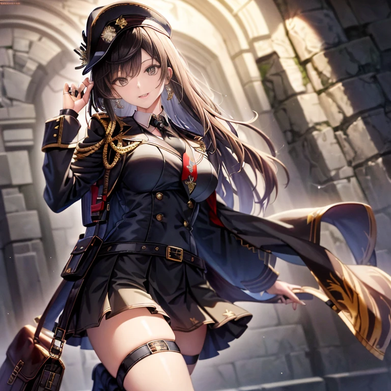 (masterpiece:1.2), (Military uniform magazine cover:1.4),best quality,PIXIV,Sweet girl , sexy posture,1girl, (perky chest:1.2), rolling upskirt by wind:1.6, (with sparkling eyes and a contagious smile),open mouth, (pointed chest:1.2),fishnets, black hair, boots, long hair, black nails, skirt, shirt, solo, black footwear, bag, black skirt, jewelry, jacket, on head, black jacket, thigh strap, bangs, necktie, earrings, nail polish,  multicolored hair, looking at viewer, full body, bottle, own hands together, belt, jacket on shoulders, food, cats on head, black necktie, ring, choker, english text, collared shirt, blue eyes, platform boots, hat,  lace-up boots ,
