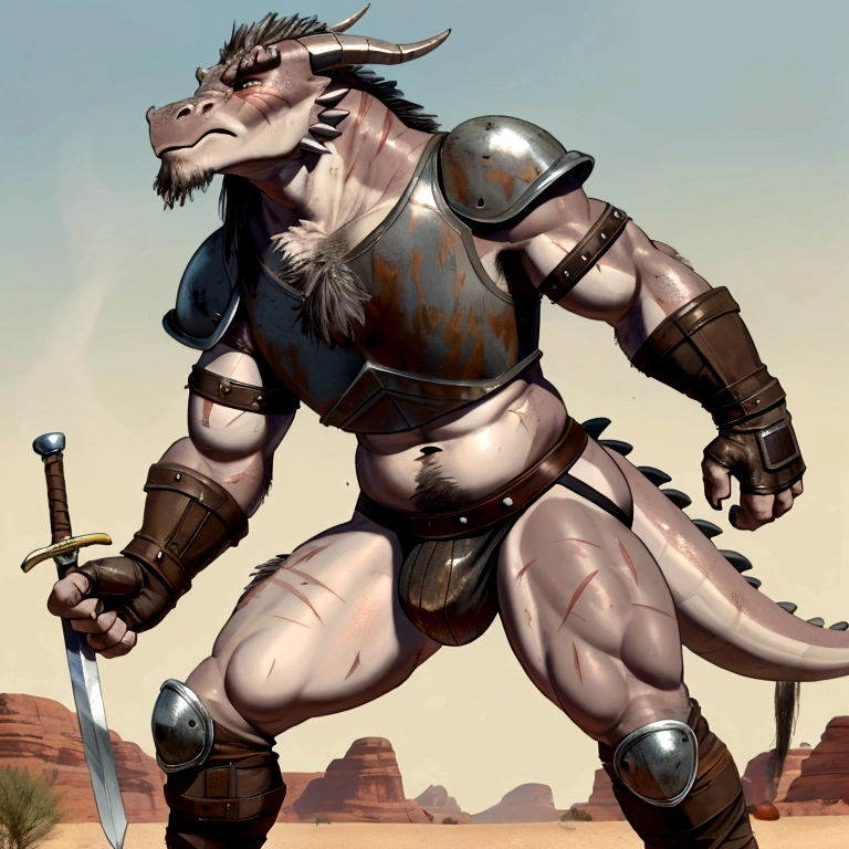 Solo Sexy anthro scalie dragon male mercenary medieval solider, slim endomorph muscular handsone model male apperance, sword scars, worn out rusty skimpy armament, low on hips heavy leather belt, old very worn out skimpy dirty linen material jockstrap, old yellow dirty worn out stains on white jockstrap, studded skimpy armlets breastplate armor, skimpy breastplate, leather bondages, fingerless leather gloves, smelly unwashed husk, dirty body look, desert battlefield, standing in sexy fighting position, close view of full character