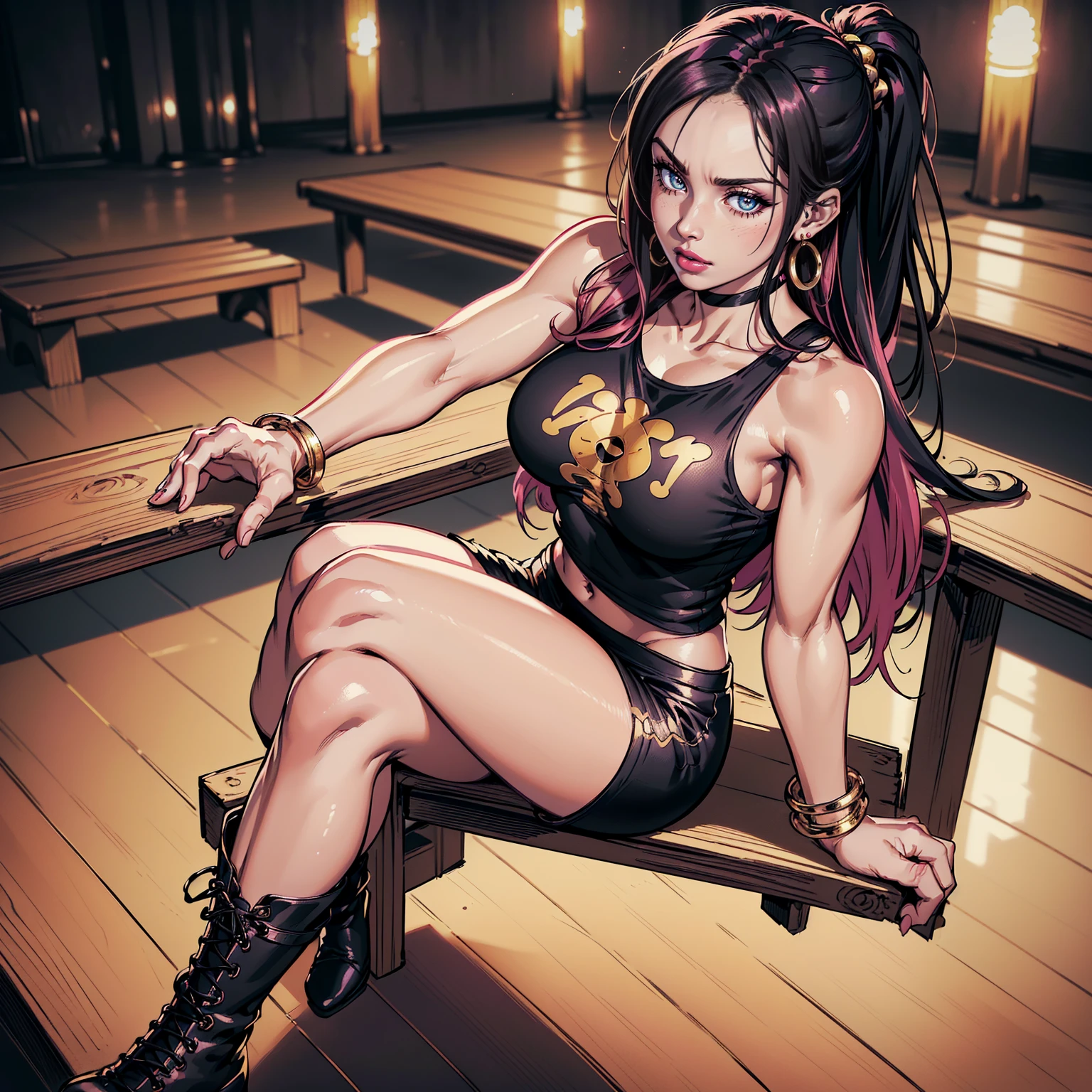 Masterpiece, Professional, High Definition - quality, sharp focus, perfect artwork, Best Illustration, trending on artstation, UHD, 4k, full body, NSFW
((1girl, solo ,alone, long hair, black clothes, pink lipstick, Nico Robin, woman, (one piece) , dynamic pose,fitness, gold bracelets, ruby earrings)), ((solo, 1woman, pink lipstick, Extremely detailed, ambient soft lighting, 4k, perfect eyes, a perfect face, perfect lighting, a 1girl)), austere, ((Black shorts, black tank top, gym clothes, black boots, woman boxer, sitting, bench, boxing gym, boxing arena))