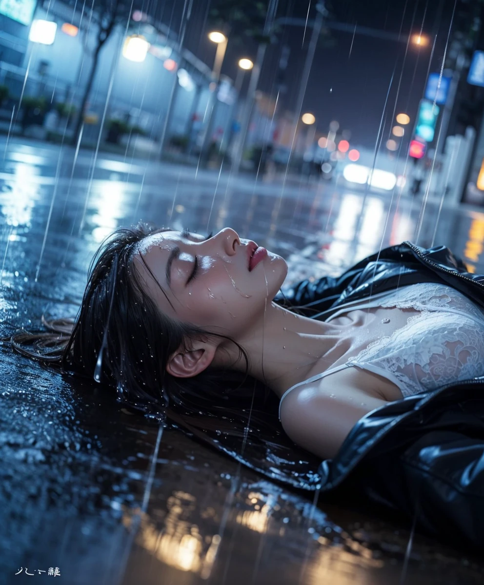 Beautiful Japanese waifu, early 30s, brunette hair, white lace bra, black jacket, closed eyes, lying on road, heavy rain, wet hair, wet face, wet body, wet clothes