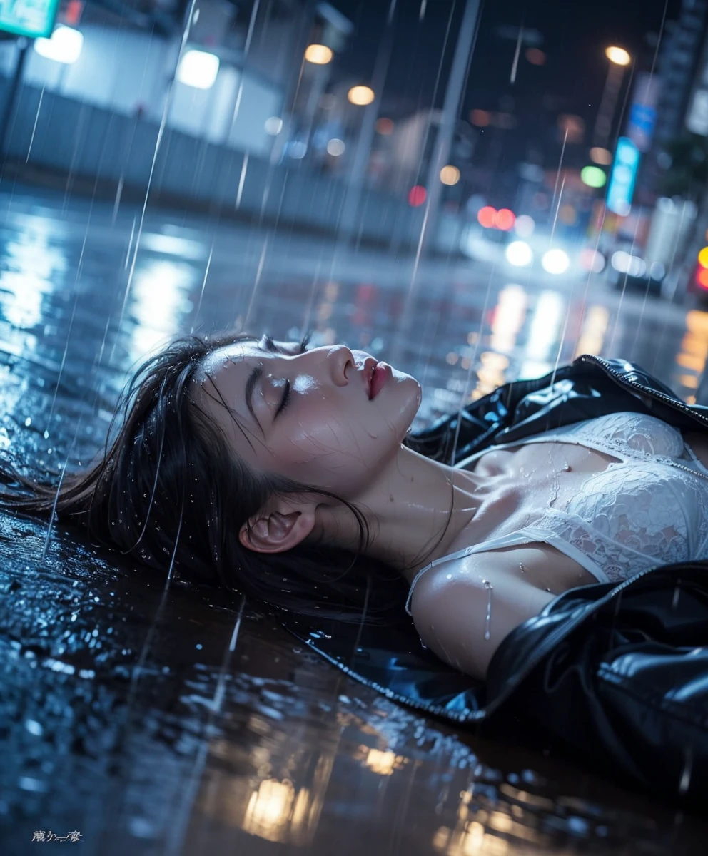 Beautiful Japanese waifu, early 30s, brunette hair, white lace bra, black jacket, closed eyes, lying on road, heavy rain, wet hair, wet face, wet body, wet clothes 