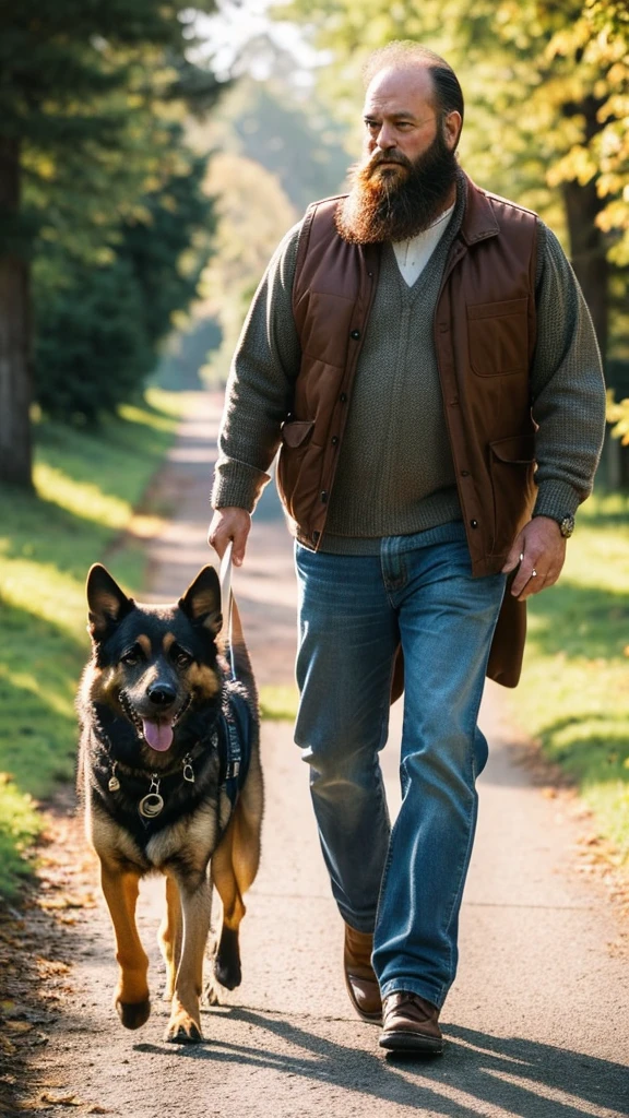 Eealista photo of man, age 45 , large, well-detailed beard, wearing country clothes, walking with your German Shepherd dog by your side, picture in 8k, Kodak photo, High definition