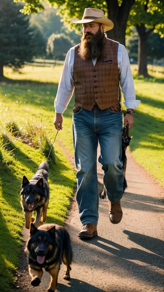 Eealista photo of man, age 45 , large, well-detailed beard, wearing country clothes, walking with your German Shepherd dog by your side, picture in 8k, Kodak photo, High definition