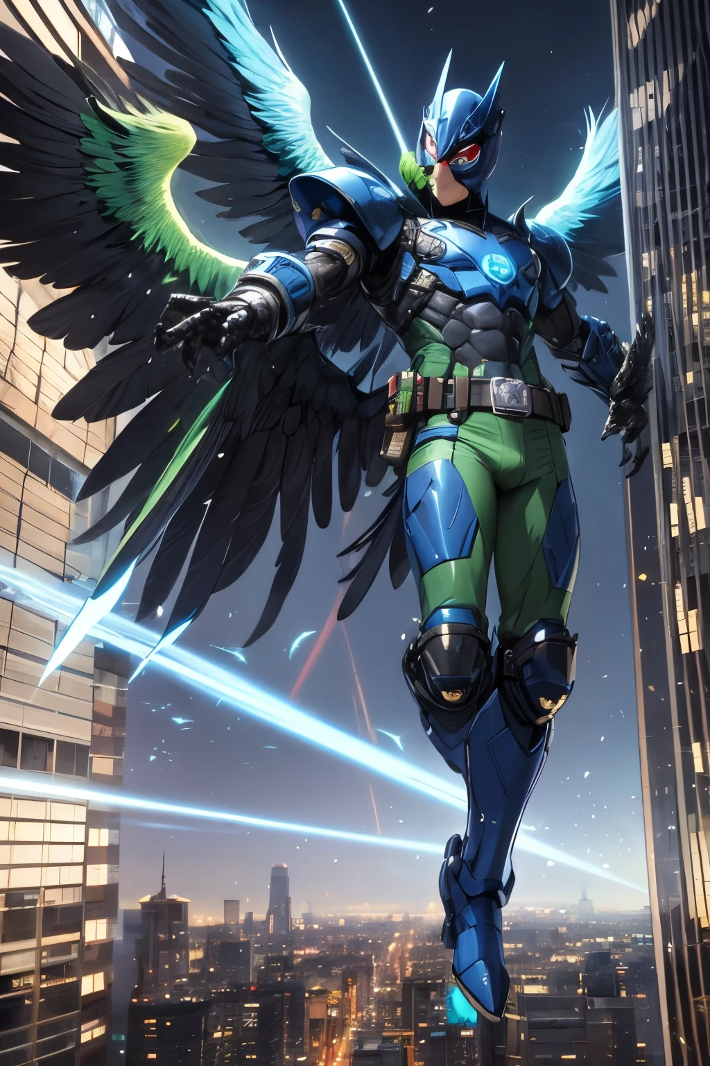 ((best quality)), ((masterpiece)), (detailed), 1 man, full body, 25 years old, masked, blue mask, blue head, uncovered mouth, biker helmet, blue helmet, parrot helmet, black neck, tall, thin, black beak, black details, a green parrot with a blue head on his side, metallic wings, wings on his arms, blue fingerless gloves, blue wristbands, luminous blue wings shooting lasers, blue suit resembling light armor, blue suit with an emblem, entirely green chest, emblem on his chest, green pants, deployable bird tail, metallic feathers, gray knee pads, metallic gray boots, metallic bird claws, black superhero belt, flying through the city, midday city background, anime
