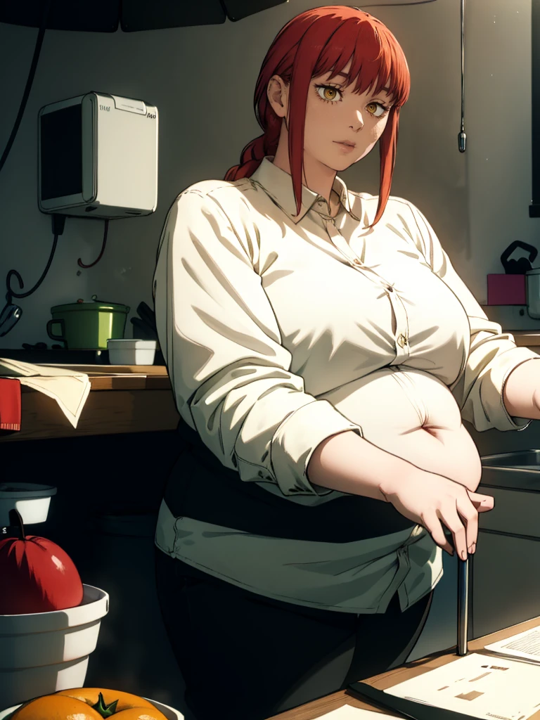 Le personnage Makima de la série animée Chainsaw Man, fragile, obésité morbide, ssbbw, pleine longueur (corps entier 1.1.), fond sombre, obscurité, anatomie correcte 1.1, anatomie correcte de la main, Très féminin, corps gras et rond, grosses Jambes, fesses, beau corps obèse, ventre rond et mou très gras, ventre visible, cheveux roux, Yeux oranges, Cercles rouges pour les écoliers, chemise blanche, jupe noire, cravate noire, pose sexy, réaliste, very détaillé, beau corps, détaillé body, détaillé hands, détaillé, vibrant, détaillé Face, Conception des personnages de Makima. very détaillé, détaillé body, détaillé hands, détaillé Face, Art animé, Hugh Détails, Visage très abattu, détaillé eyes, Illustration ultra fine, Meilleure ombre, détail fin, beautiful détaillé glow, beautiful détaillé, Extraordinairement beau, extremely détaillé, inexpressif, composition épique, Style animé. art animé, Style animé. Jupe noire, chemise blanche, cravatte, pose sexy