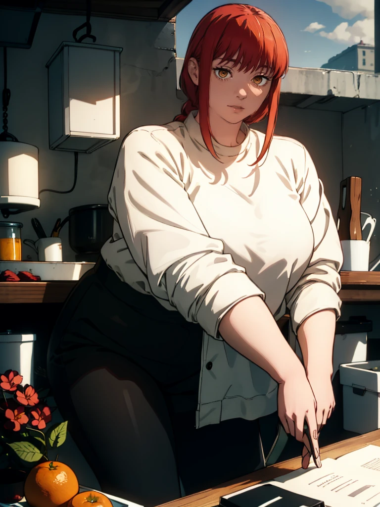 Le personnage Makima de la série animée Chainsaw Man, fragile, obésité morbide, ssbbw, pleine longueur (corps entier 1.1.), fond sombre, obscurité, anatomie correcte 1.1, anatomie correcte de la main, Très féminin, corps gras et rond, grosses Jambes, fesses, beau corps obèse, ventre rond et mou très gras, ventre visible, cheveux roux, Yeux oranges, Cercles rouges pour les écoliers, chemise blanche, jupe noire, cravate noire, pose sexy, réaliste, very détaillé, beau corps, détaillé body, détaillé hands, détaillé, vibrant, détaillé Face, Conception des personnages de Makima. very détaillé, détaillé body, détaillé hands, détaillé Face, Art animé, Hugh Détails, Visage très abattu, détaillé eyes, Illustration ultra fine, Meilleure ombre, détail fin, beautiful détaillé glow, beautiful détaillé, Extraordinairement beau, extremely détaillé, inexpressif, composition épique, Style animé. art animé, Style animé. Jupe noire, chemise blanche, cravatte, pose sexy