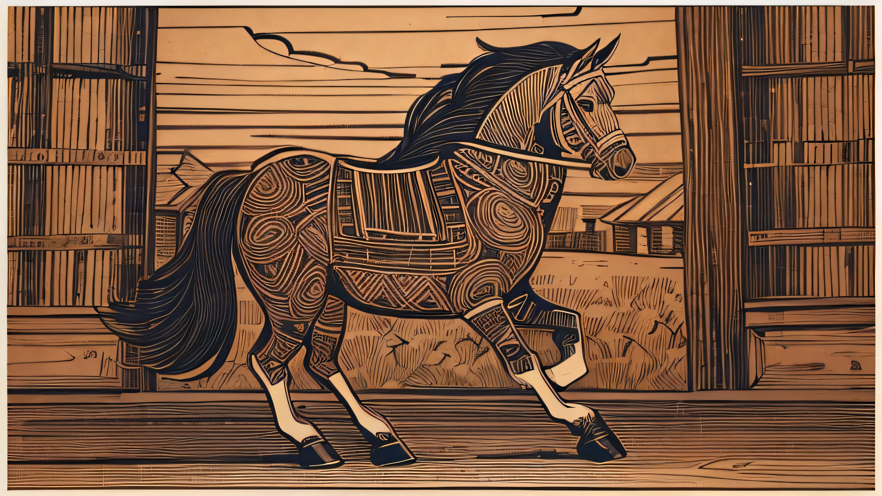 background paper in sgraffito line - art style with a horsewoman