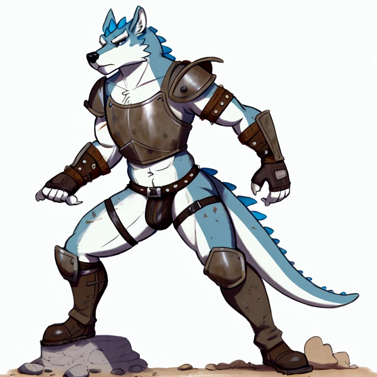 Solo Sexy anthro scalie male mercenary medieval solider, slim endomorph muscular handsone model male apperance, sword scars, worn out rusty skimpy armament, low on hips heavy leather belt, old very worn out skimpy dirty linen material jockstrap, old yellow dirty worn out stains on white jockstrap, studded skimpy armlets breastplate armor, skimpy breastplate, leather bondages, fingerless leather gloves, smelly unwashed husk, dirty body look, desert battlefield, standing in sexy fighting position, close view of full character