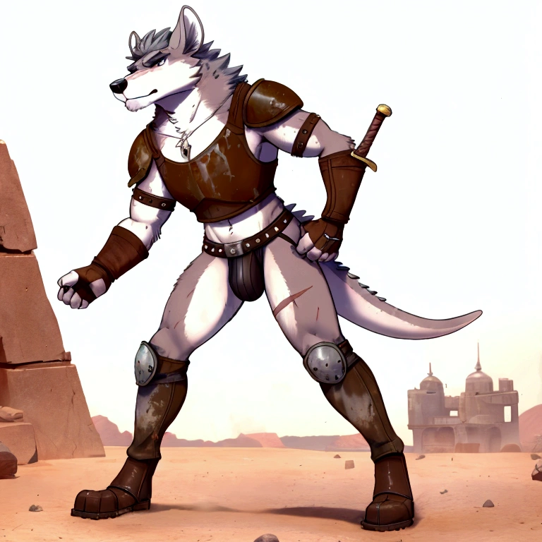 Solo Sexy anthro scalie male mercenary medieval solider, slim endomorph muscular handsone model male apperance, sword scars, worn out rusty skimpy armament, low on hips heavy leather belt, old very worn out skimpy dirty linen material jockstrap, old yellow dirty worn out stains on white jockstrap, studded skimpy armlets breastplate armor, skimpy breastplate, leather bondages, fingerless leather gloves, smelly unwashed husk, dirty body look, desert battlefield, standing in sexy fighting position, close view of full character