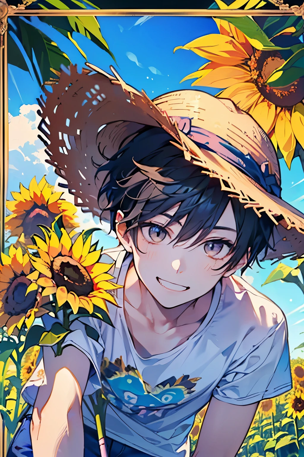 ((cute,kawaii)),((pastel color)),(A happy smile),((On all fours:1.1)),((T-shirt and straw hat:1.3)),(Sunflower field:1.3),Shiny hair,(Natural Color),((Angle from below:1.1)),(Angle of incitement:1.3),((Tropical illustration background:1.2)),(Camera Frame:1.3),((boy,Men's,male:1.2)).