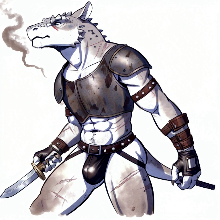 Solo Sexy anthro scalie male mercenary medieval solider, slim endomorph muscular handsone model male apperance, sword scars, worn out rusty skimpy armament, low on hips heavy leather belt, old very worn out skimpy dirty linen material jockstrap, old yellow dirty worn out stains on white jockstrap, studded skimpy armlets breastplate armor, skimpy breastplate, leather bondages, fingerless leather gloves, smelly unwashed husk, dirty body look, desert battlefield, standing in sexy fighting position, close view of full character