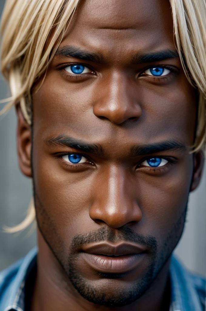 The face of a man with dark skin, blue eyes, blond hair