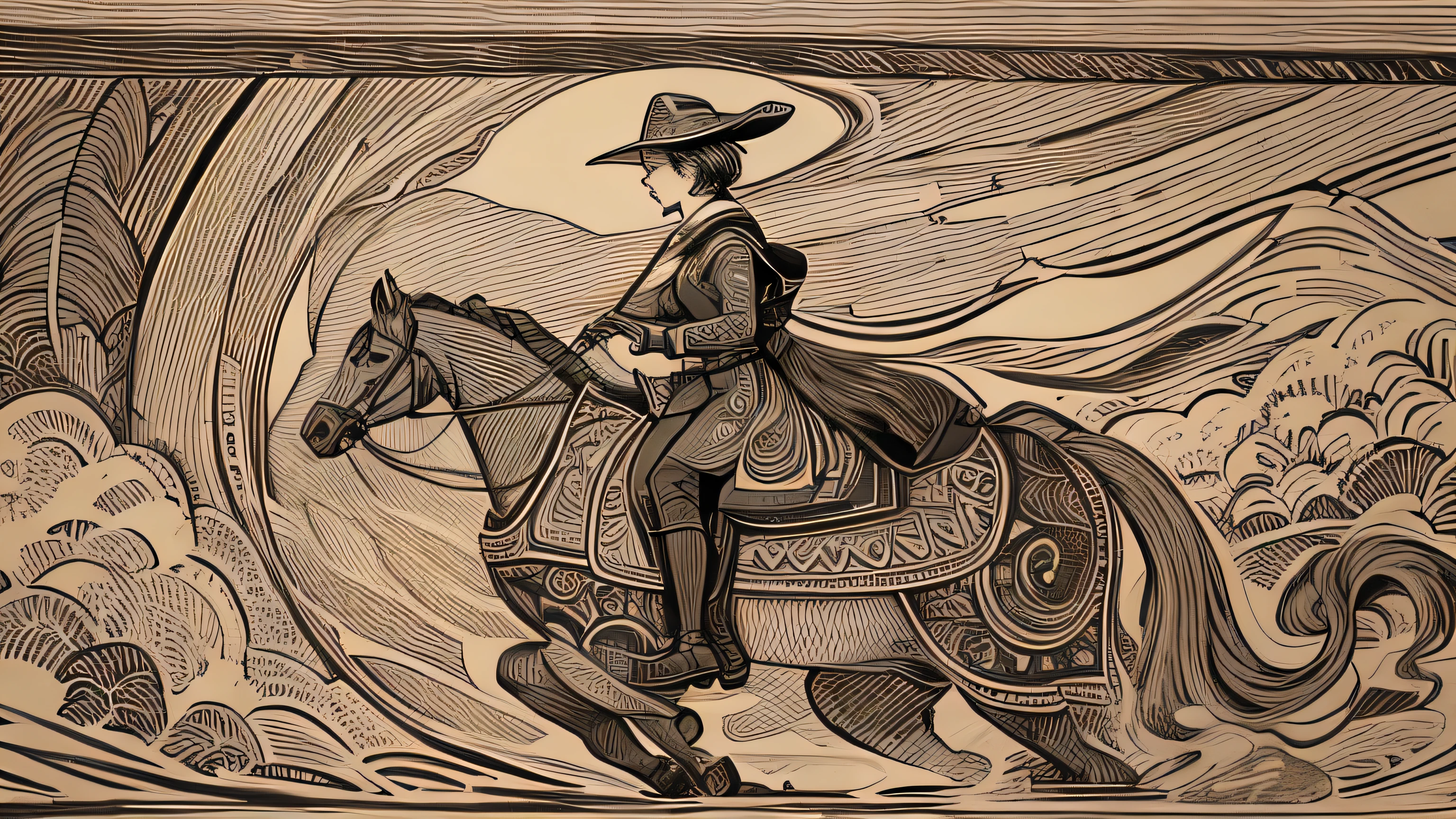 background paper in sgraffito line - art style with a horsewoman