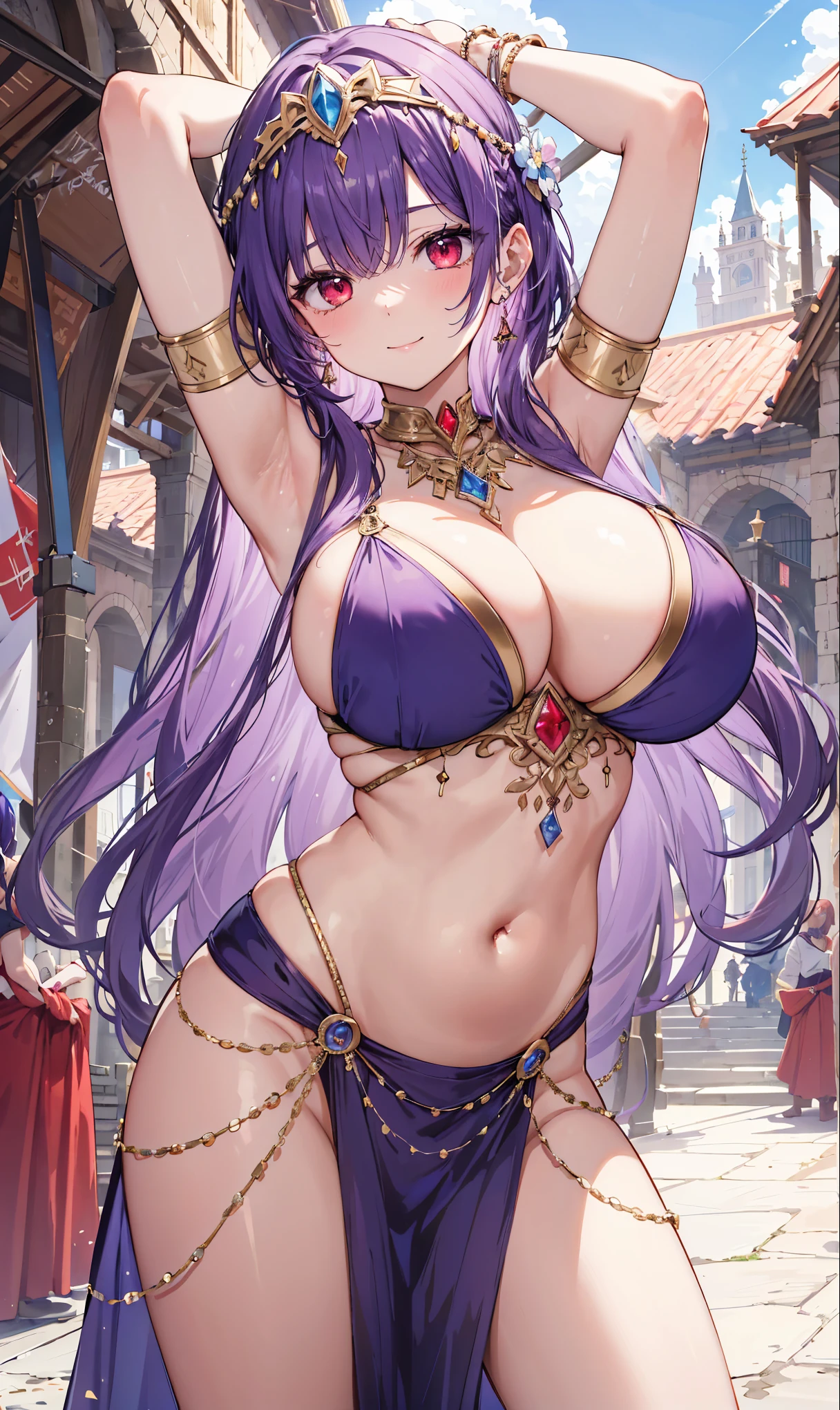 high quality, ultra detailed, best quality, insanely detailed, beautiful, masterpiece, 1girl, medieval plaza, cowboy shot, red eyes, long hair, purple hair, belly dancer, circlet, earrings, armlets, bracelets, bashful smile, large breasts, cleavage, soft stomach