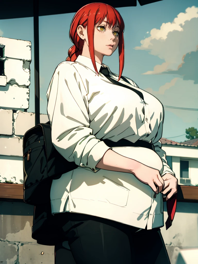 Le personnage Makima de la série animée Chainsaw Man, fragile, obésité morbide, ssbbw, pleine longueur (corps entier 1.1.), fond sombre, obscurité, anatomie correcte 1.1, anatomie correcte de la main, Très féminin, corps gras et rond, grosses Jambes, fesses, beau corps obèse, ventre rond et mou très gras, cheveux roux, Yeux oranges, Cercles rouges pour les écoliers, chemise blanche, jupe noire, cravate noire, pose sexy, réaliste, very détaillé, beau corps, détaillé body, détaillé hands, détaillé, vibrant, détaillé Face, Conception des personnages de Makima. very détaillé, détaillé body, détaillé hands, détaillé Face, Art animé, Hugh Détails, Visage très abattu, détaillé eyes, Illustration ultra fine, Meilleure ombre, détail fin, beautiful détaillé glow, beautiful détaillé, Extraordinairement beau, extremely détaillé, inexpressif, composition épique, Style animé. art animé, Style animé. Jupe noire, chemise blanche, cravatte, pose sexy, visage gras et bouffis et double menton