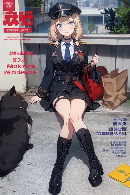 (masterpiece:1.2), (Military uniform magazine cover:1.4),best quality,PIXIV,Sweet girl , sexy posture,1girl, (perky chest:1.2), rolling upskirt by wind:1.6, (with sparkling eyes and a contagious smile),open mouth, (pointed chest:1.2),fishnets, black hair, boots, long hair, black nails, skirt, shirt, solo, black footwear, bag, black skirt, jewelry, jacket, on head, black jacket, thigh strap, bangs, necktie, earrings, nail polish,  multicolored hair, looking at viewer, full body, bottle, own hands together, belt, jacket on shoulders, food, cats on head, black necktie, ring, choker, english text, collared shirt, blue eyes, platform boots, hat,  lace-up boots ,
