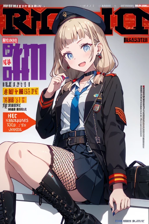 (masterpiece:1.2), (Military uniform magazine cover:1.4),best quality,PIXIV,Sweet girl , sexy posture,1girl, (perky chest:1.2), rolling upskirt by wind:1.6, (with sparkling eyes and a contagious smile),open mouth, (pointed chest:1.2),fishnets, black hair, boots, long hair, black nails, skirt, shirt, solo, black footwear, bag, black skirt, jewelry, jacket, on head, black jacket, thigh strap, bangs, necktie, earrings, nail polish,  multicolored hair, looking at viewer, full body, bottle, own hands together, belt, jacket on shoulders, food, cats on head, black necktie, ring, choker, english text, collared shirt, blue eyes, platform boots, hat,  lace-up boots ,
