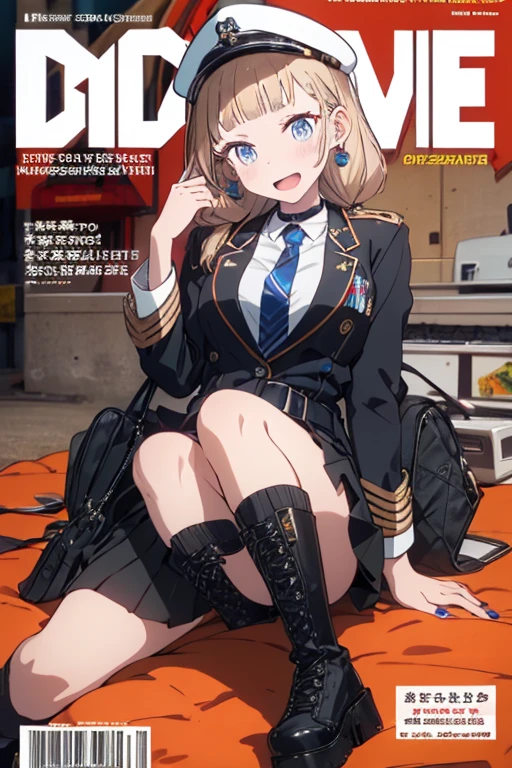 (masterpiece:1.2), (Military uniform magazine cover:1.4),best quality,PIXIV,Sweet girl , sexy posture,1girl, (perky chest:1.2), rolling upskirt by wind:1.6, (with sparkling eyes and a contagious smile),open mouth, (pointed chest:1.2),fishnets, black hair, boots, long hair, black nails, skirt, shirt, solo, black footwear, bag, black skirt, jewelry, jacket, on head, black jacket, thigh strap, bangs, necktie, earrings, nail polish,  multicolored hair, looking at viewer, full body, bottle, own hands together, belt, jacket on shoulders, food, cats on head, black necktie, ring, choker, english text, collared shirt, blue eyes, platform boots, hat,  lace-up boots ,
