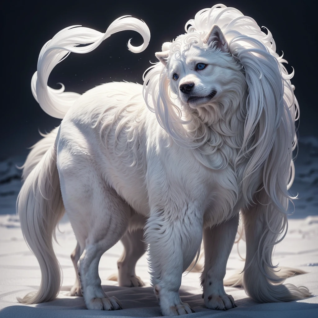 Make a white creature, it’s shape being of a dog, it has 5 white tendrils on its back, protective and cute. It’s name is Voidpup, they’re similar to wolves. Remember the 5 white tendrils on its back.