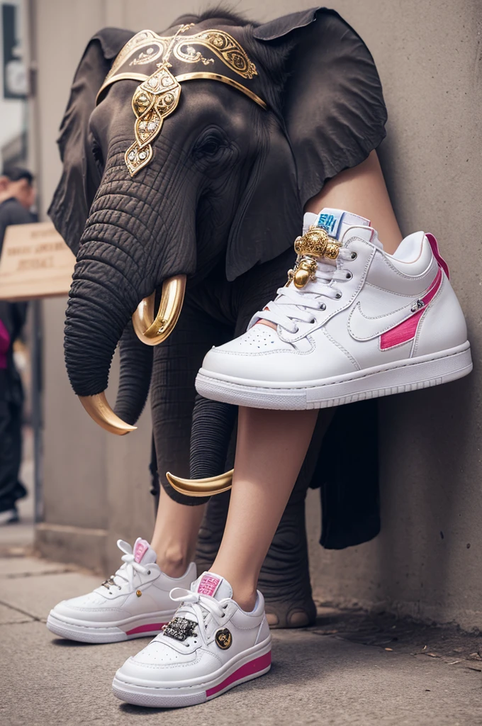 An elephant with jewelry on its pants and a pair of jike sneakers
