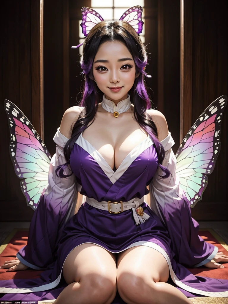 Full body photo shinobu kocho from demon slayer anime, at a Japanese royal palace room, beautiful woman, smiling, close eyes, dimples, sedutice expression, sexy dress, purple aura, butterfly wings, open breast, cute