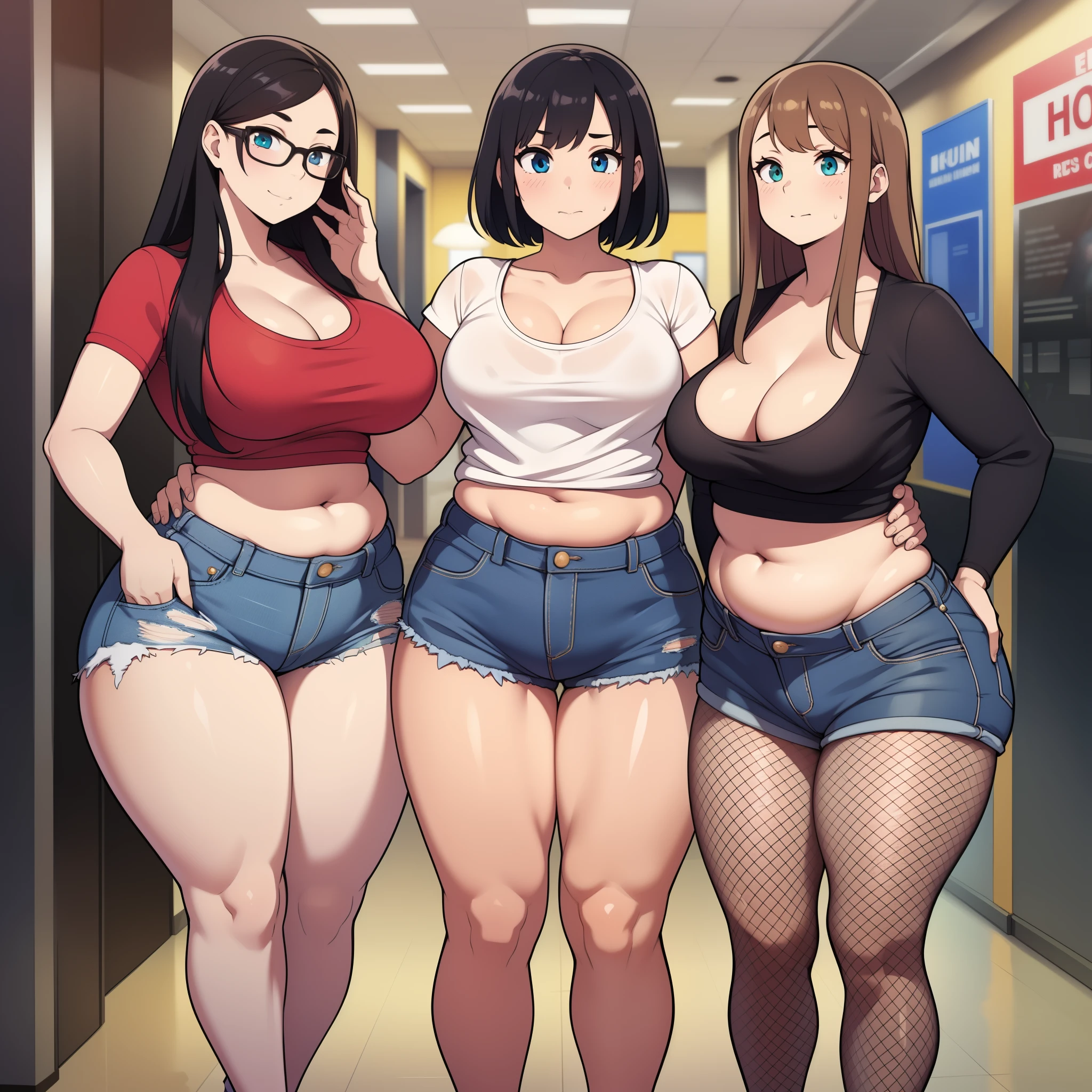 ((highres)), Masterpiece, high quality, best quality, beautiful, perfect lighting, detailed face, ultra cute face, ((3girls)), one girl has blonde hair, blue eyes, crop top and shorts, skindentation, one girl has brown hair, green eyes, jeans, white shirt, tight clothes, one girl has, Short black hair, brown eyes, crop top and shorts full body, fast food restaurant, medium breasts, cleavage, ((wide hips)), (thick thighs), ((plump)), plump belly, fat folds, standing,