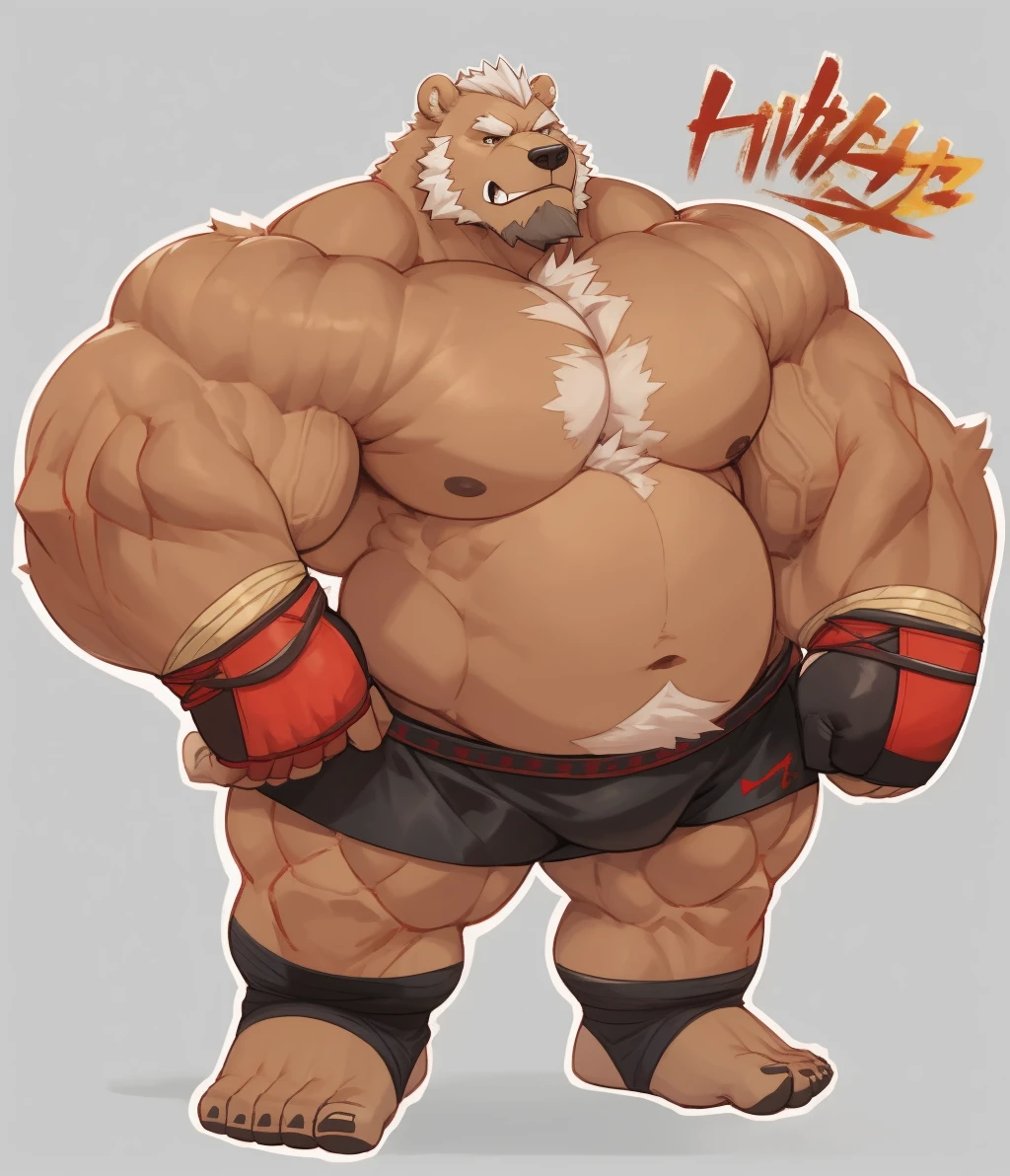 solo, 1boy, Huge Muscular Old Grizzly Bear wearing kickboxing MMA belt , thick pectoral, thick arms, huge pectoral, wide pectoral, hige brown fur, short white hair, Kickboxing MMA shorts, kickboxing MMA gloves, Kickboxing MMA Footwear 5 toes and shirtless, bearded, Kickboxing Martial Arts Cage Tournament background, masterpiece, semirealistic:1.2, high detailed, 8k, high resolution, Kickboxing Champion