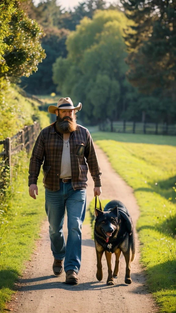 Eealista photo of man, age 45 , large, well-detailed beard, wearing country clothes, walking with your German Shepherd dog by your side, picture in 8k, Kodak photo, High definition